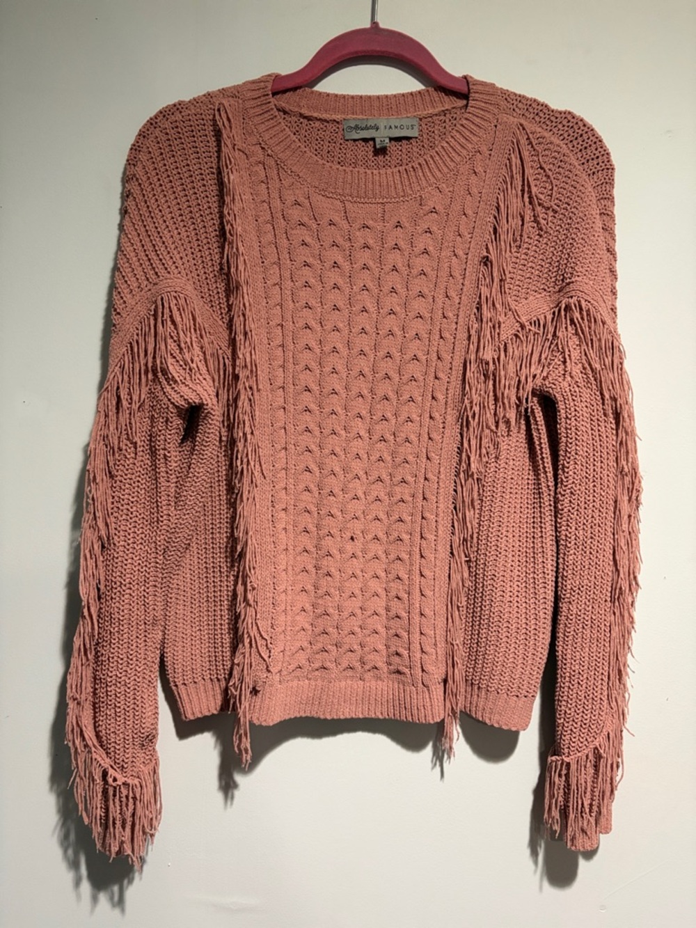 Absolutely Famous Dusty Rose Fringe Cable Knit Sweater